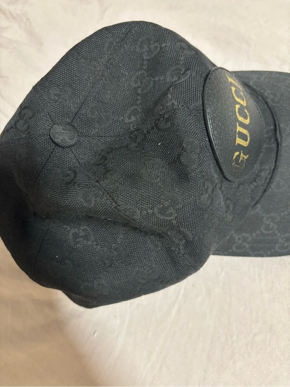 Gucci Black Monogram Baseball Cap with Gold Logo Patch